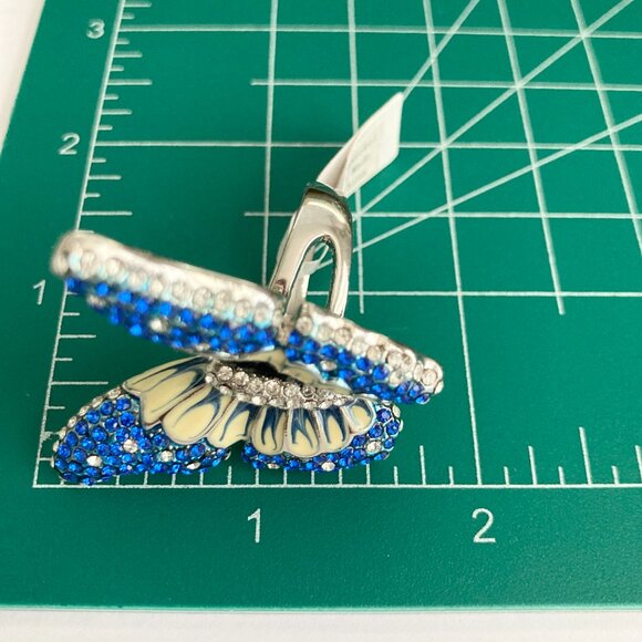 Vintage Blue Butterfly Cocktail Ring Statement Size 7 9 Crystal Rhodium Plated - Picture 9 of 13